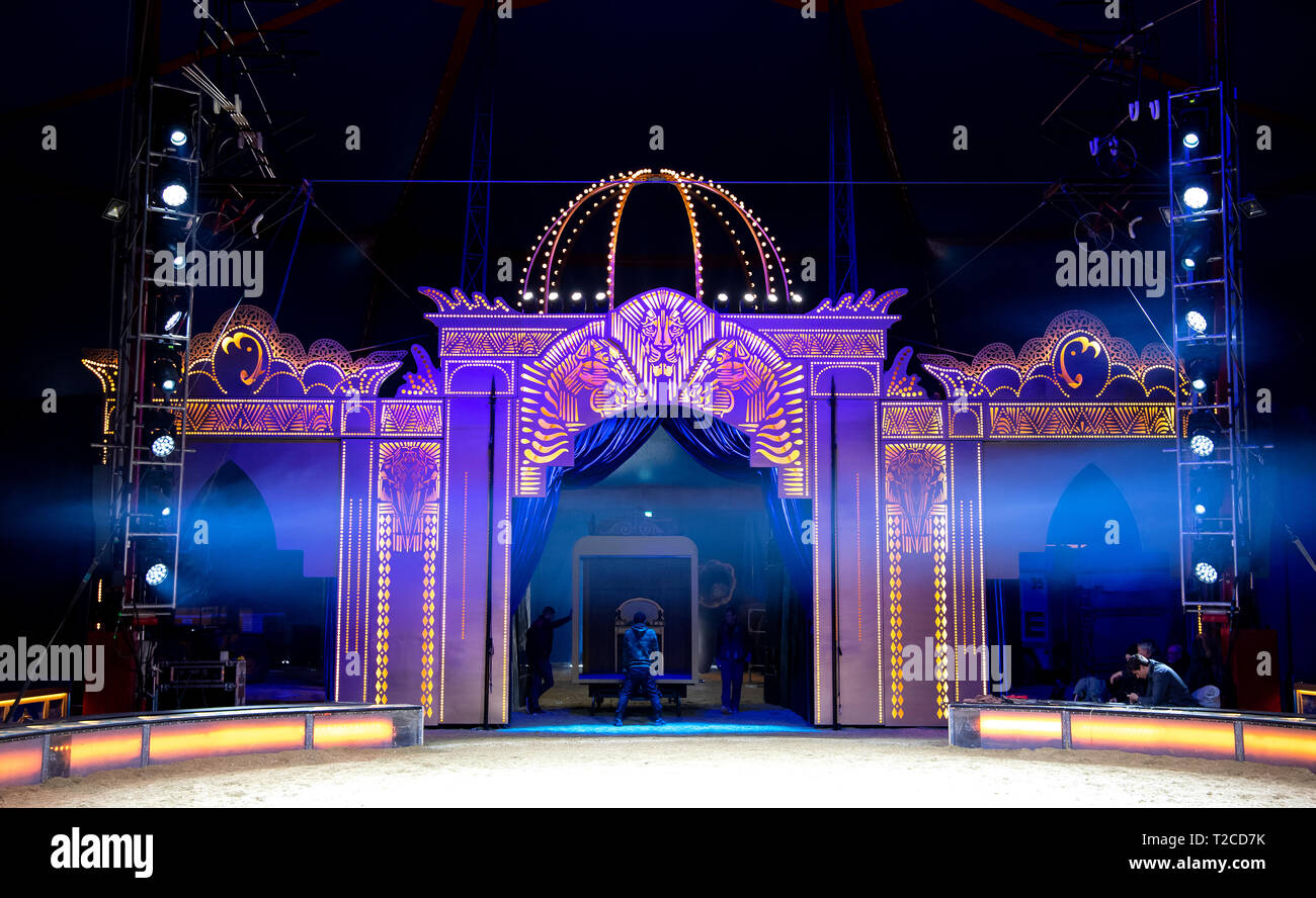 29 March 2019, Bavaria, München: The ring in the tour tent of Circus Krone. Photo: Sven Hoppe/dpa Stock Photo