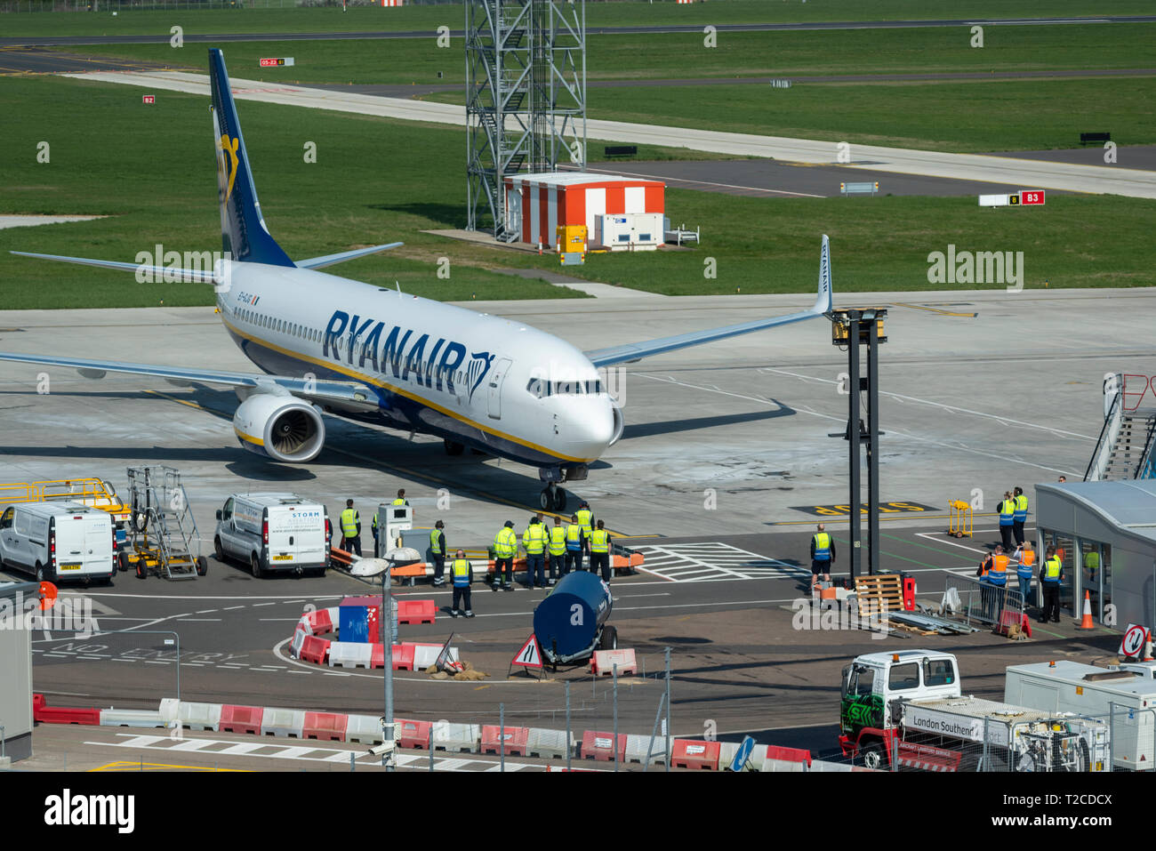 Ryanair have become the latest airline to begin operations from the expanding Essex airport, with flights due to commence on 2nd April to Alicante and Palma de Mallorca (Spain), Kosice (Slovakia) and Dublin with a number of further destinations to follow later in April and September. To facilitate the first flights two Ryanair Boeing 737s have arrived for the following day's routes Stock Photo