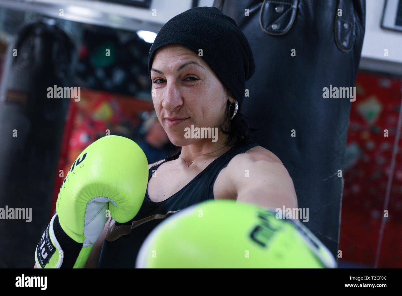 Madrid, Spain. 01st Apr, 2019. The European boxing champion, Miriam Guitierrez. during the visit of the Popular Party (PP) Candidate for the Presidency of the Community of Madrid, Isabel Diaz-Ayuso. Credit: Jesús Hellin/Alamy Live News Stock Photo