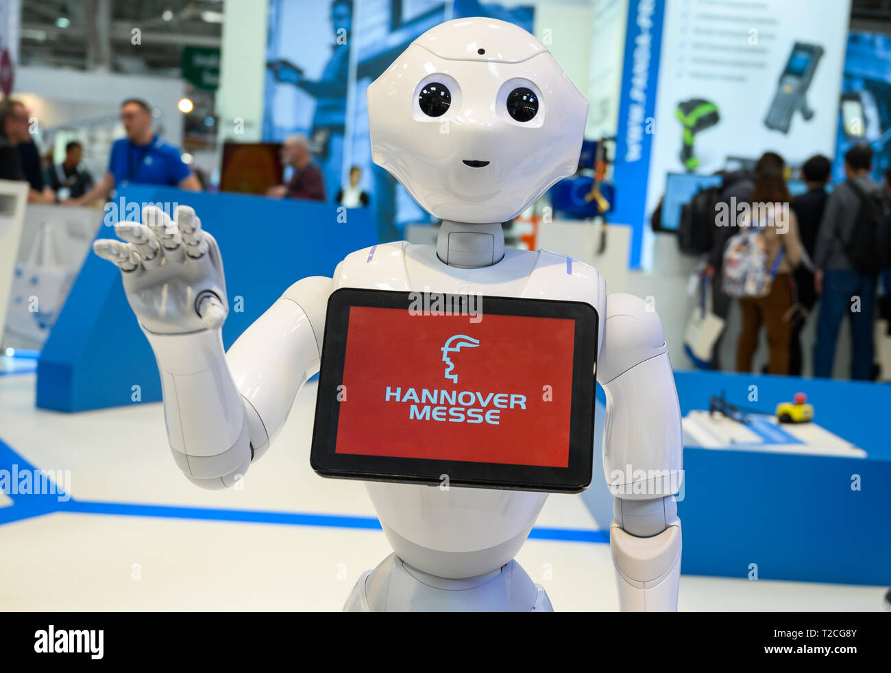 Hannover Germany 01st Apr 19 The Robot Pepper Of The Manufacturer Softbank Robotics Stands At The Hanover Fair At The Booth Of Konica Minolta And Shows The Logo Of The Fair Credit