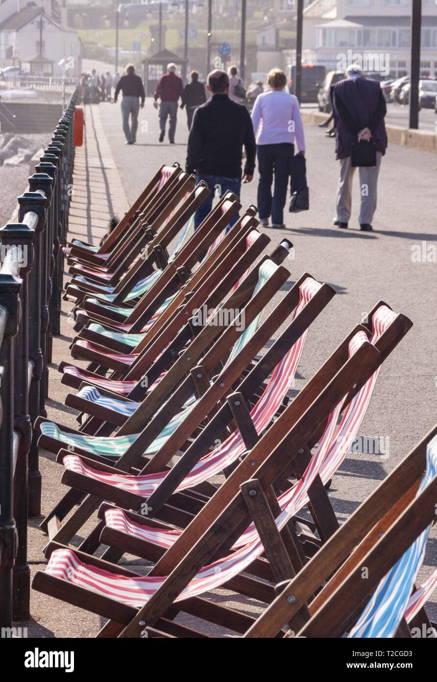 Sidmouth, 1st Apr 19 With the arrival of April, deckchairs are once more out along the seafront at Sidmouth in Devon on a glorious springtime day. Credit: Photo Central/Alamy Live News Stock Photo