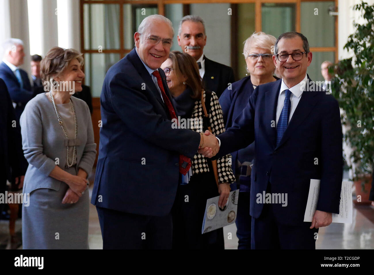 Rome, Italy. 01st Apr, 2019. Secretary General of OECD Angel Gurria and Italian Minister of Economy Giovanni Tria with their wives Rome April 1st 2019. Presentation of the OECD Report on Italy 2019. The report says after a modest recovery, the Italian economy is weakening. photo di Samantha Zucchi/Insidefoto Credit: insidefoto srl/Alamy Live News Stock Photo