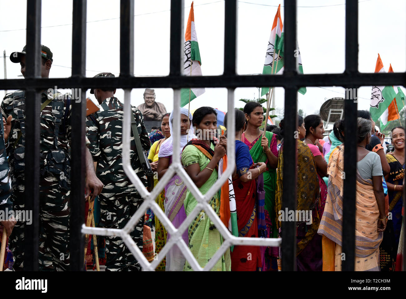 Guwahati, India. 1st Apr 2019. Congress supporters during the nomination filing procession of the party candidate from Guwahati constituency Bobeeta Sarma, in Guwahati, Monday, April 1, 2019. Credit: David Talukdar/Alamy Live News Stock Photo