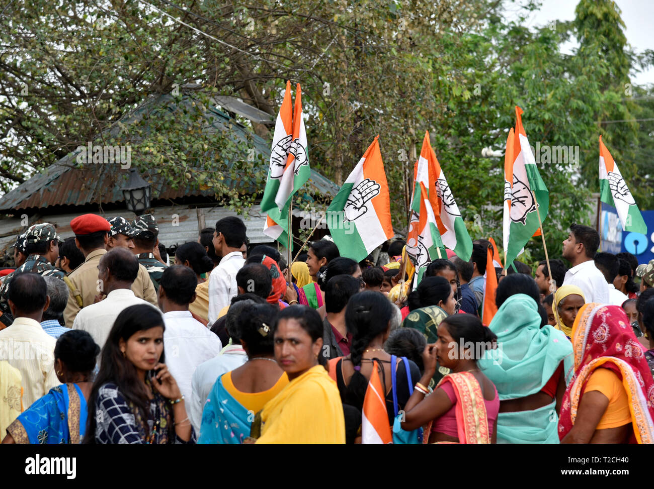 Guwahati, India. 1st Apr 2019. Congress supporters during the nomination filing procession of the party candidate from Guwahati constituency Bobeeta Sarma, in Guwahati, Monday, April 1, 2019. Credit: David Talukdar/Alamy Live News Stock Photo