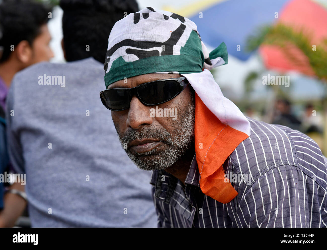 Guwahati, India. 1st Apr 2019. A Congress supporter during the nomination filing procession of the party candidate from Guwahati constituency Bobeeta Sarma, in Guwahati, Monday, April 1, 2019.  Credit: David Talukdar/Alamy Live News Stock Photo