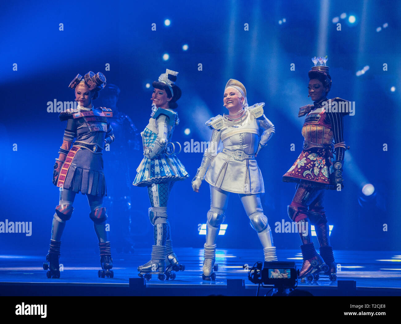 Frankfurt, Germany. 1st Apr 2019. The actors of the musical Starlight  Express are on stage. The Live Entertainment Award (LEA) is presented to  concert and show organisers, managers, agents and venue operators