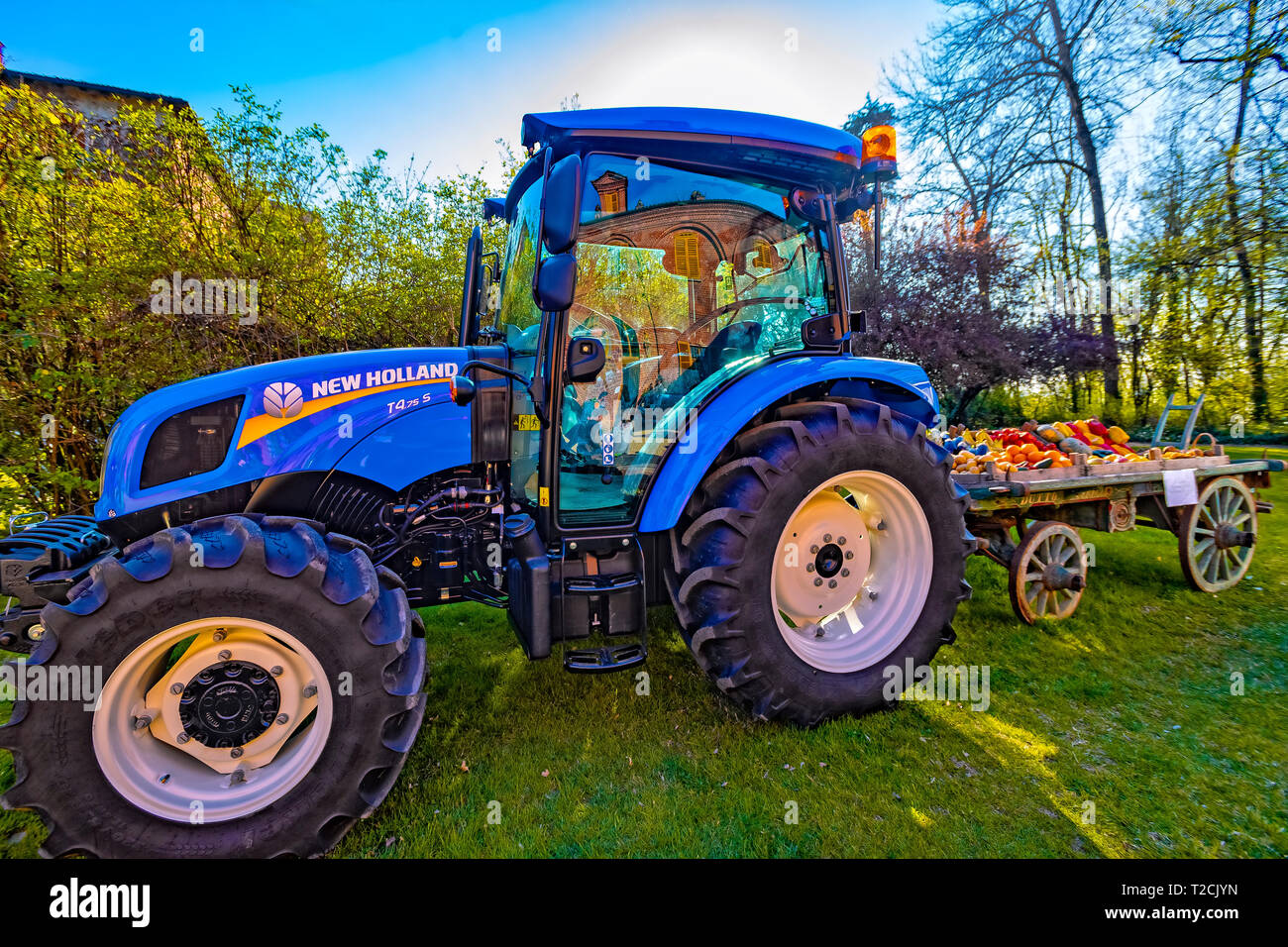 Italy Piedmont Pralormo Castle  ' messer Tulipano ' event announcing the spring dedicated to tulips - tractor Stock Photo