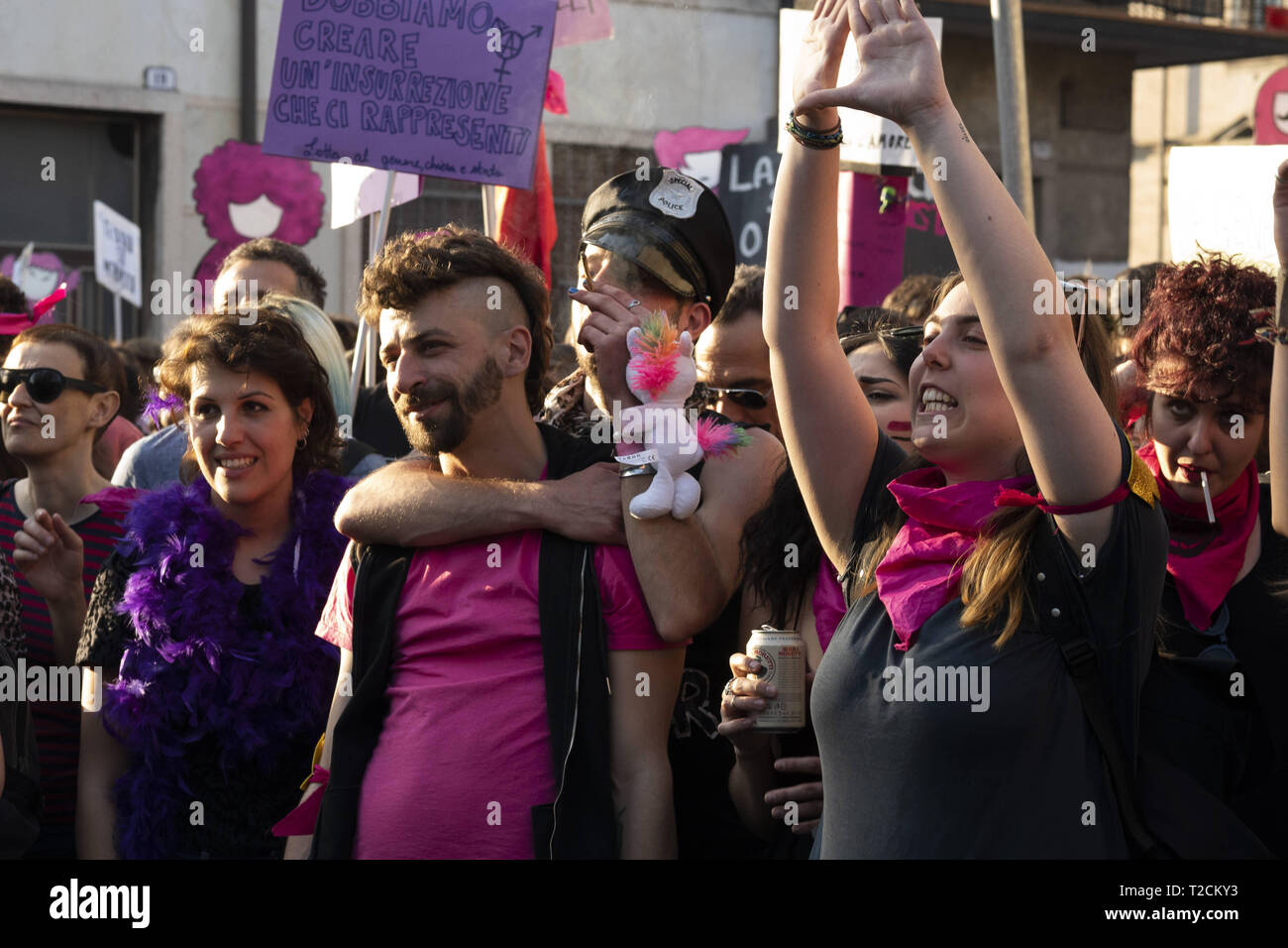 Verona, Veneto, Italy. 30th Mar, 2019. Protesters seen dancing during the protests.The Italian Women organization Non Una di Meno called for a march against the thirteenth 'World Congress of Families'' (WCF) in Verona. The WCF gathers several representatives of 'pro-life movements'' in Europe and abroad, personalities from the religious world against abortion and it's reportedly connected to far-rights movements. Non Una di Meno and other associations protest against the WCF's positions against abortion, homosexuality and their aims to write a global agenda and politics on these Stock Photo