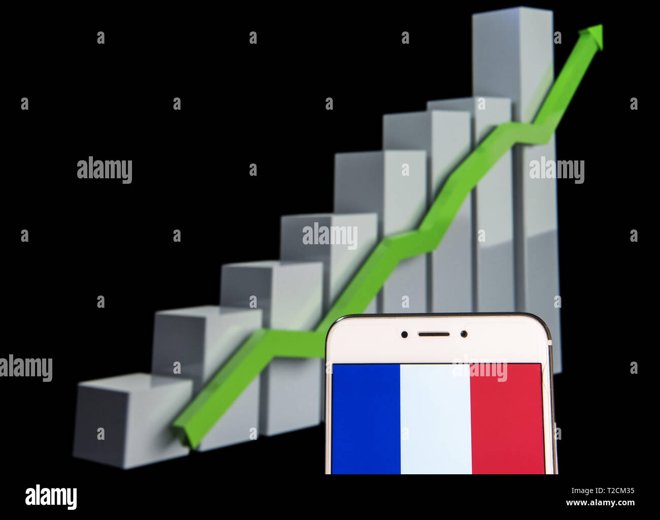 Hong Kong. 11th Feb, 2019. In this photo illustration a French Republic flag logo is seen on an android mobile device with an ascent growth chart in the background. Credit: Budrul Chukrut/SOPA Images/ZUMA Wire/Alamy Live News Stock Photo
