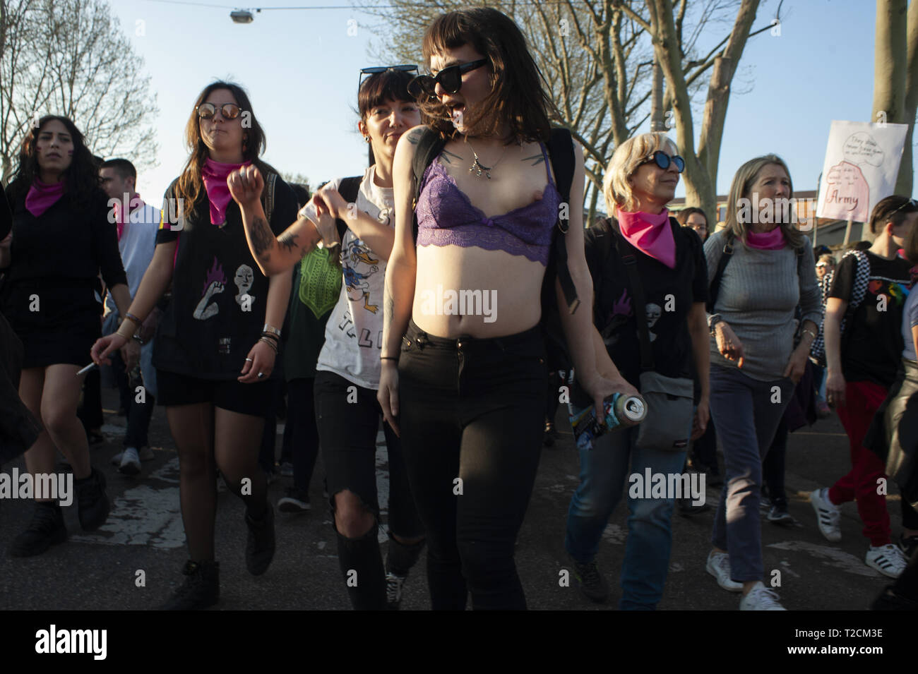 Verona, Veneto, Italy. 30th Mar, 2019. Women seen moving along the streets during the protest.The Italian Women organization Non Una di Meno called for a march against the thirteenth 'World Congress of Families'' (WCF) in Verona. The WCF gathers several representatives of 'pro-life movements'' in Europe and abroad, personalities from the religious world against abortion and it's reportedly connected to far-rights movements. Non Una di Meno and other associations protest against the WCF's positions against abortion, homosexuality and their aims to write a global agenda and politic Stock Photo