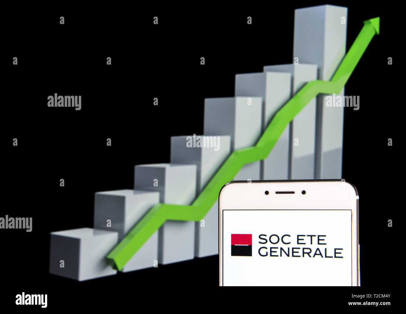 Hong Kong. 11th Feb, 2019. In this photo illustration a French multinational investment bank and financial services company Societe Generale logo is seen on an android mobile device with an ascent growth chart in the background. Credit: Budrul Chukrut/SOPA Images/ZUMA Wire/Alamy Live News Stock Photo