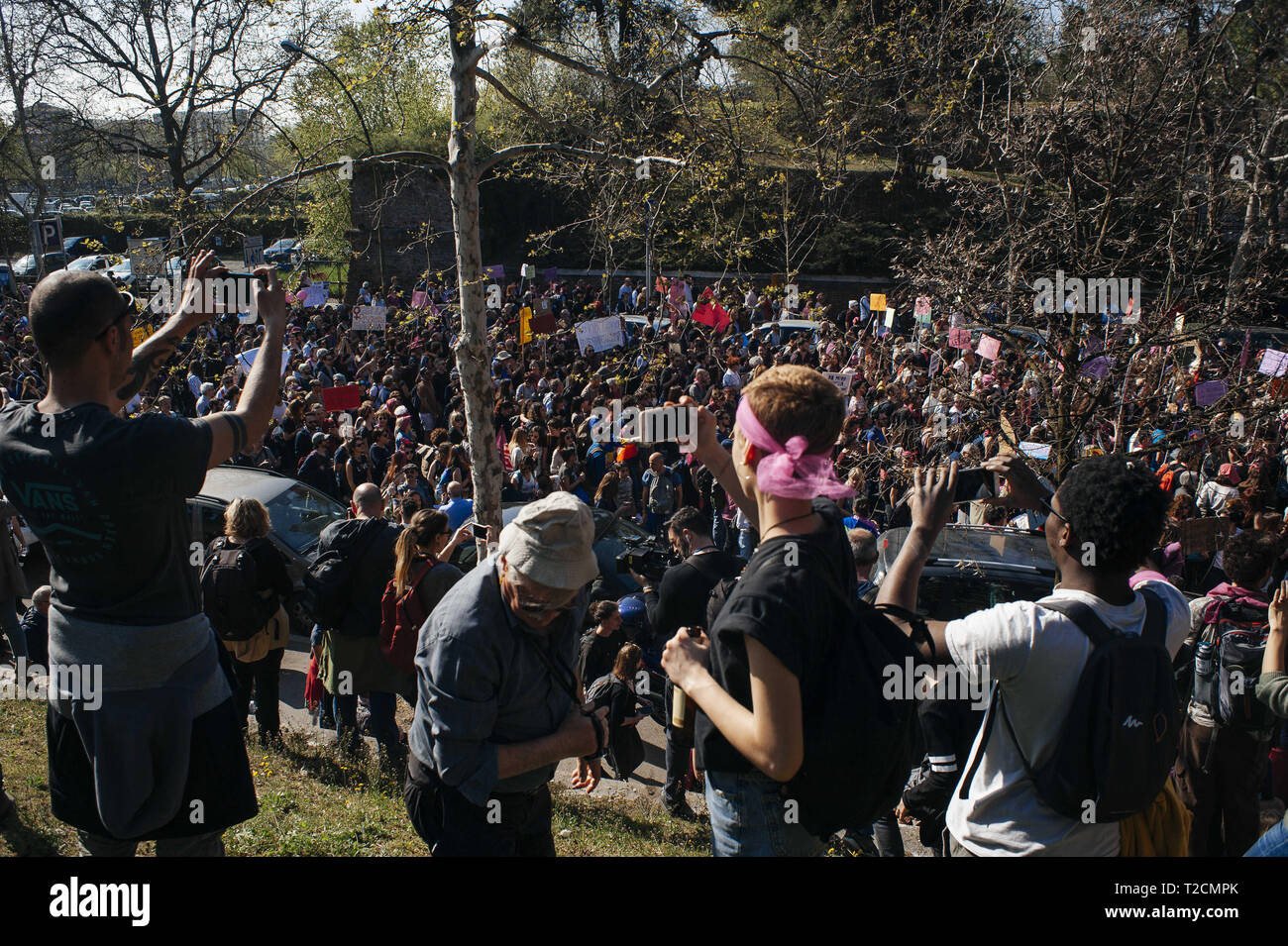 Verona, Veneto, Italy. 30th Mar, 2019. Protesters seen gathering during the demonstration.The Italian Women organization Non Una di Meno called for a march against the thirteenth 'World Congress of Families'' (WCF) in Verona. The WCF gathers several representatives of 'pro-life movements'' in Europe and abroad, personalities from the religious world against abortion and it's reportedly connected to far-rights movements. Non Una di Meno and other associations protest against the WCF's positions against abortion, homosexuality and their aims to write a global agenda and politics on Stock Photo