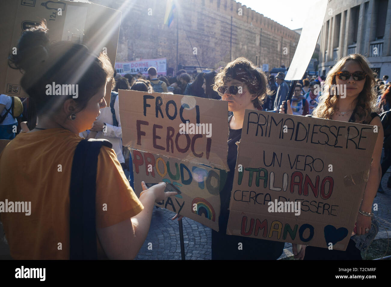 Verona, Veneto, Italy. 30th Mar, 2019. Girls seen holding placards during the protest.The Italian Women organization Non Una di Meno called for a march against the thirteenth 'World Congress of Families'' (WCF) in Verona. The WCF gathers several representatives of 'pro-life movements'' in Europe and abroad, personalities from the religious world against abortion and it's reportedly connected to far-rights movements. Non Una di Meno and other associations protest against the WCF's positions against abortion, homosexuality and their aims to write a global agenda and politics on the Stock Photo