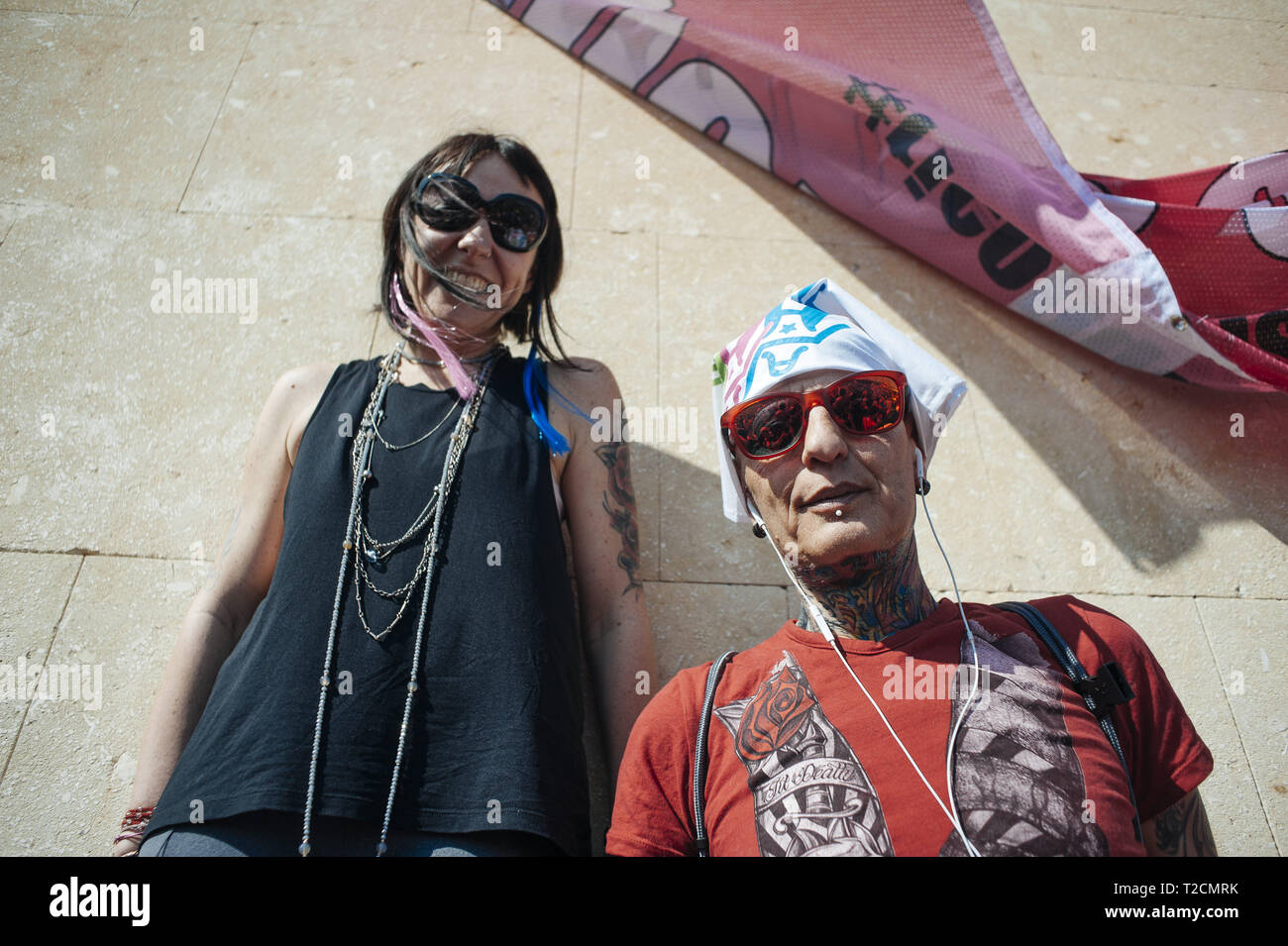 Verona, Veneto, Italy. 30th Mar, 2019. Protesters seen during the demonstration.The Italian Women organization Non Una di Meno called for a march against the thirteenth 'World Congress of Families'' (WCF) in Verona. The WCF gathers several representatives of 'pro-life movements'' in Europe and abroad, personalities from the religious world against abortion and it's reportedly connected to far-rights movements. Non Una di Meno and other associations protest against the WCF's positions against abortion, homosexuality and their aims to write a global agenda and politics on these mat Stock Photo