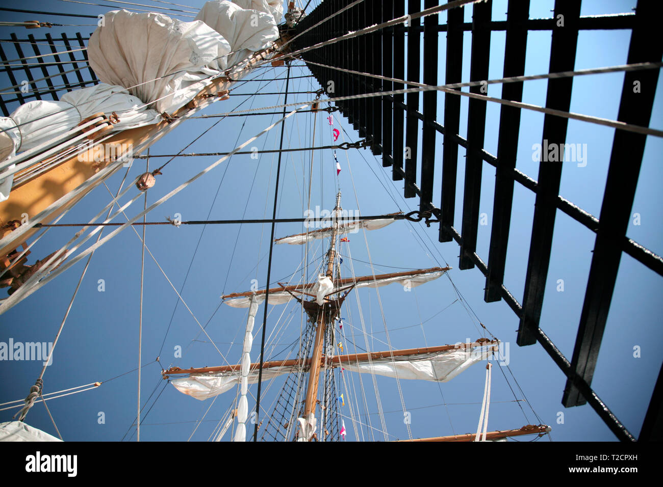 Tall Ship Rigging, sailing ships rigging. mast, rope ladders Stock