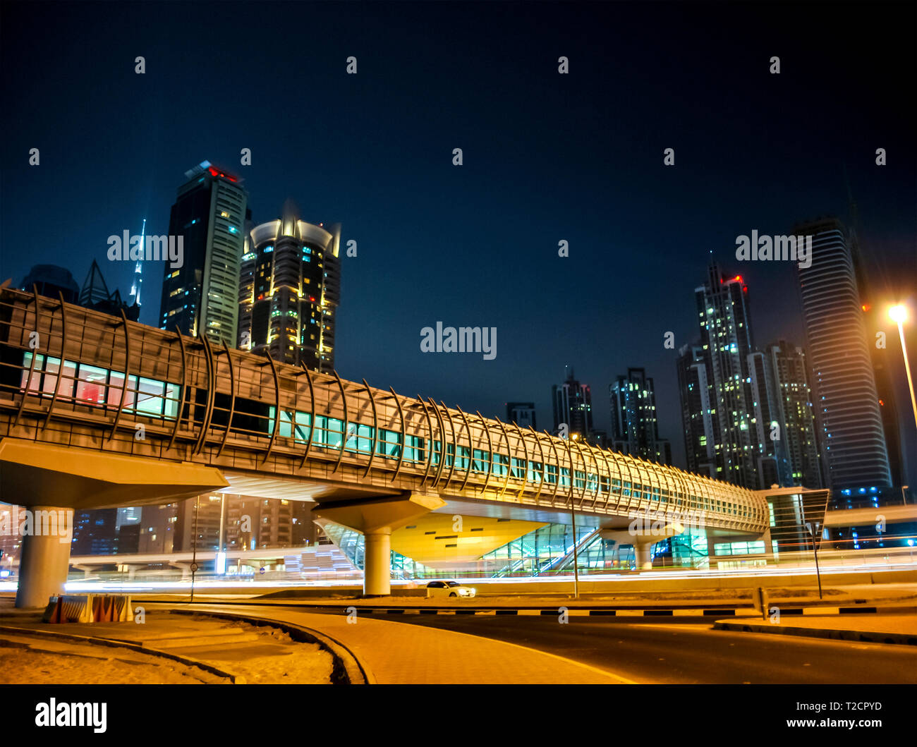 Night scene of Dubai metro station, Dubai, UAE. Stock Photo