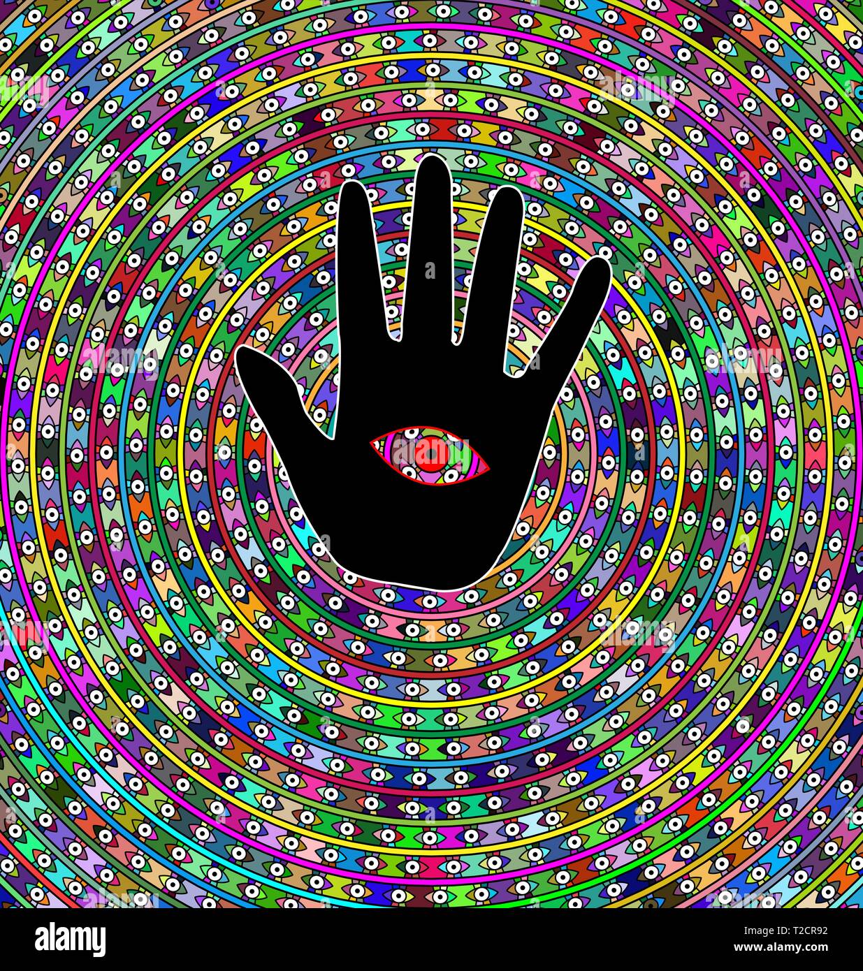 abstract background circles, eyes and black hand Stock Vector