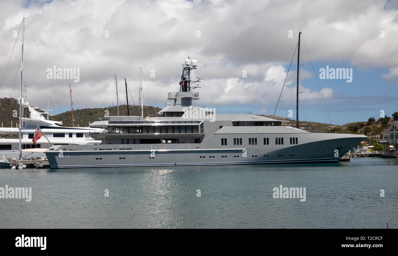 Skat 9906 luxury yacht moored in English Harbour in Antigua, The Caribbean  Stock Photo - Alamy