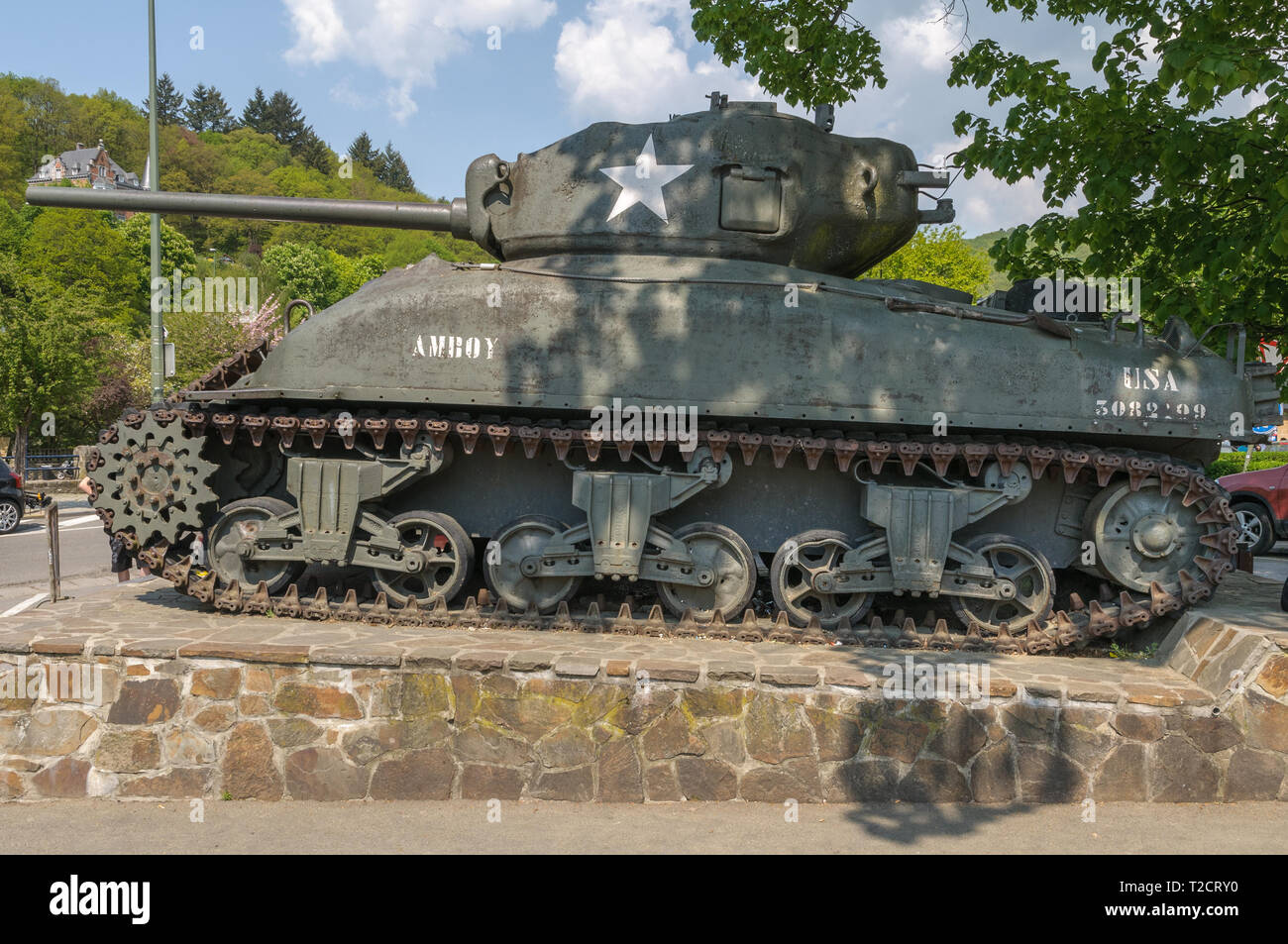 LA ROCHE-EN-ARDENNE, BELGIUM - APRIL 23, 2011:  The Sherman tank M4A1 of the USA army stands in La Roche-en-Ardenne as a memorial of the Ardennes offe Stock Photo
