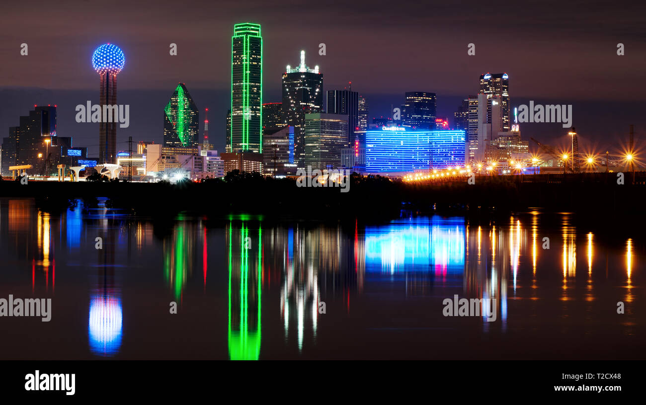Dallas Skyline Pano Reflection 040119 Stock Photo
