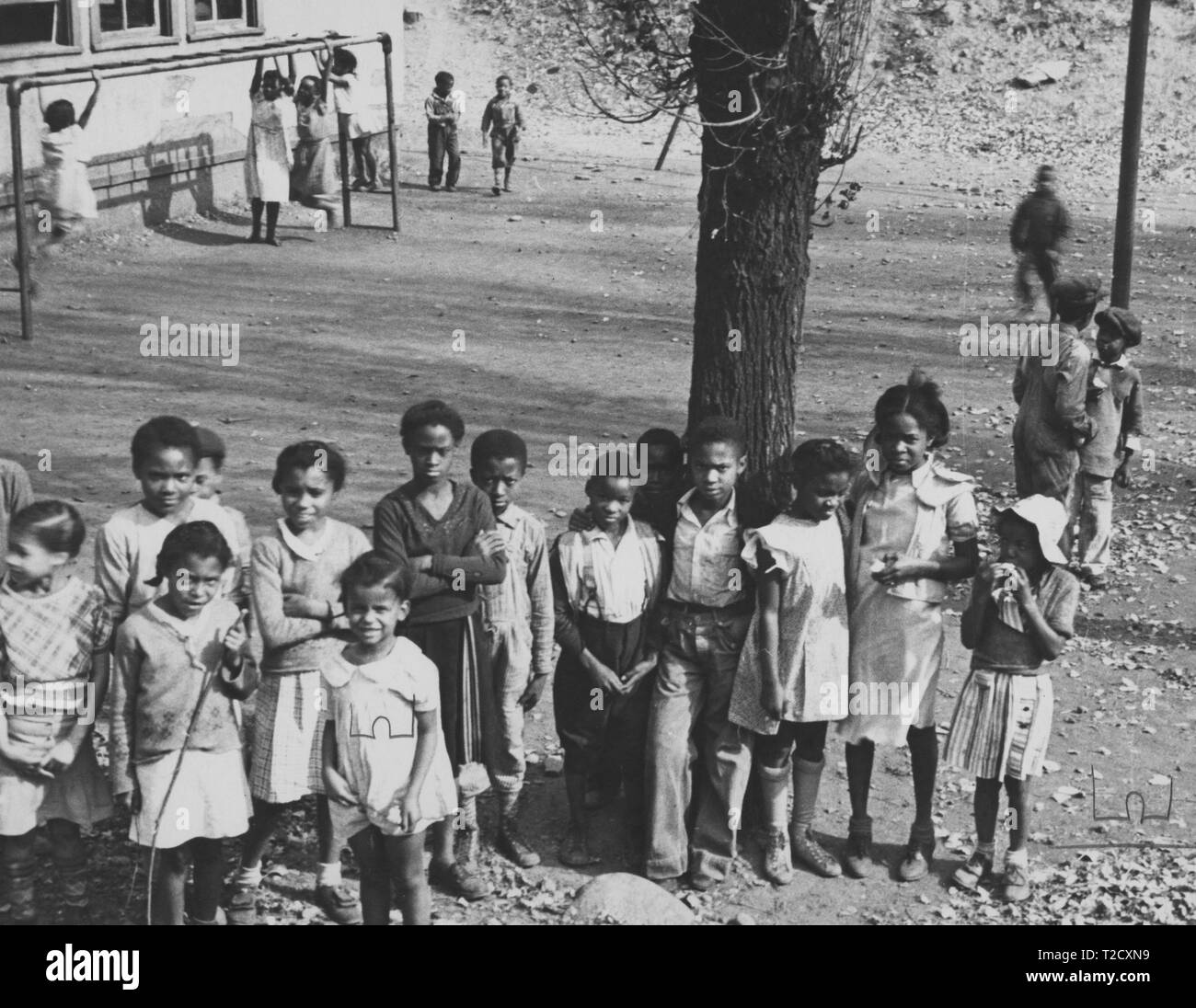Black and white photograph of a group of African American children, standing together under a tree, facing the camera, with more children, some chatting, others swinging on monkey bars or a climbing frame, visible in the background; located in Kentucky, USA; photographed by Ben Shahn, under the sponsorship of the United States' Farm Security Administration, 1935. From the New York Public Library. () Stock Photo