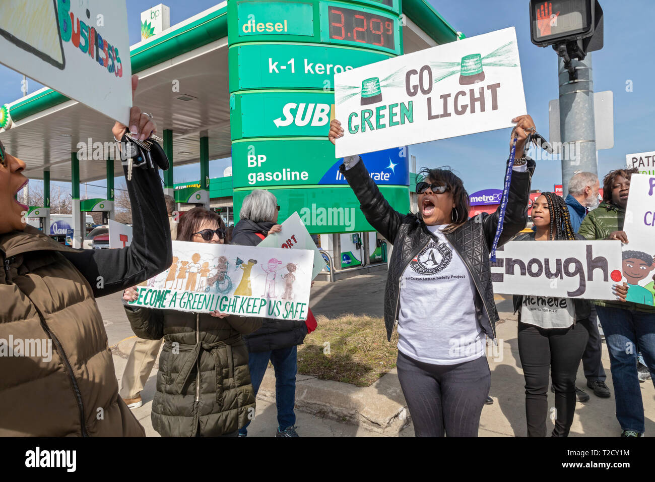 Detroit, Michigan - A 'peace walk' at a high-crime intersection urges business to join the city's Green Light anti-crime program. The police departmen Stock Photo