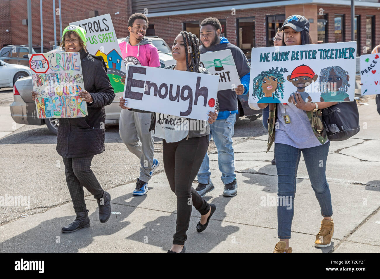 Detroit, Michigan - A 'peace walk' at a high-crime intersection urges business to join the city's Green Light anti-crime program. The police departmen Stock Photo