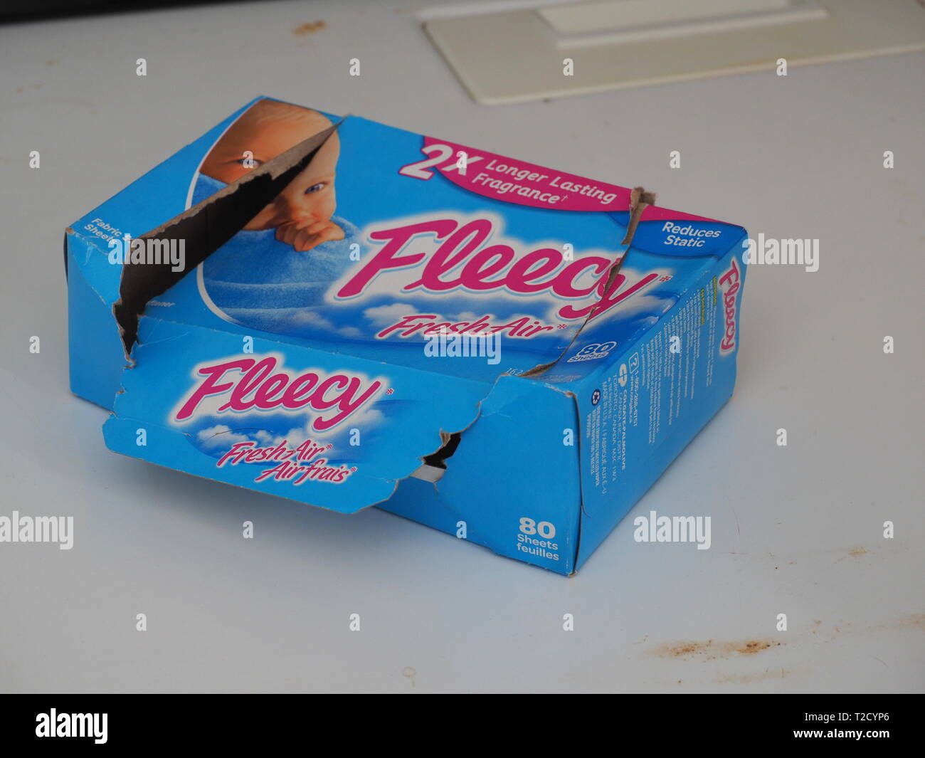 Quebec,Canada. An open box of Fleecy fabric softener sheets Stock Photo