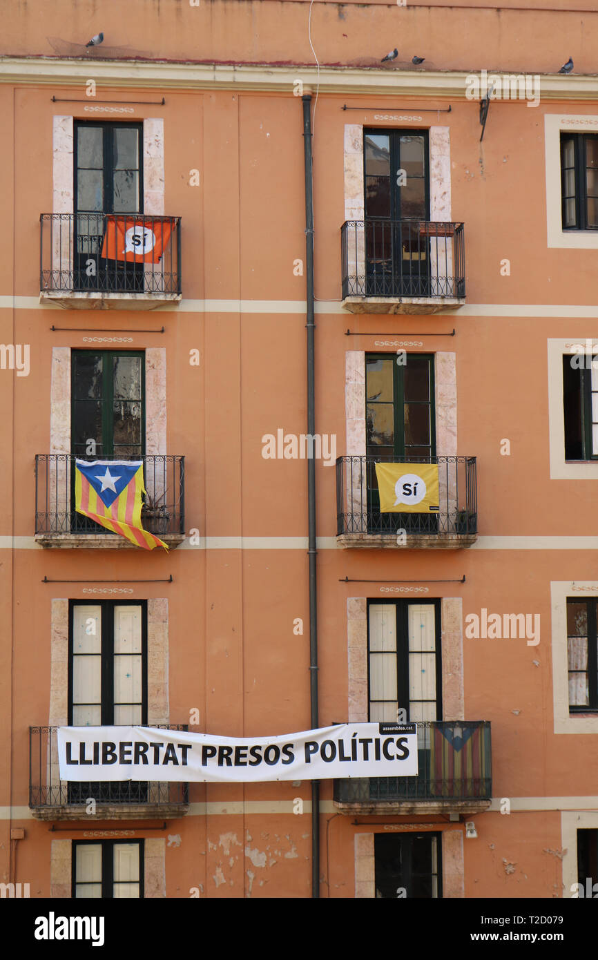 Apartment windows in Tarragona during the Mediterranean games in June 2018 Stock Photo