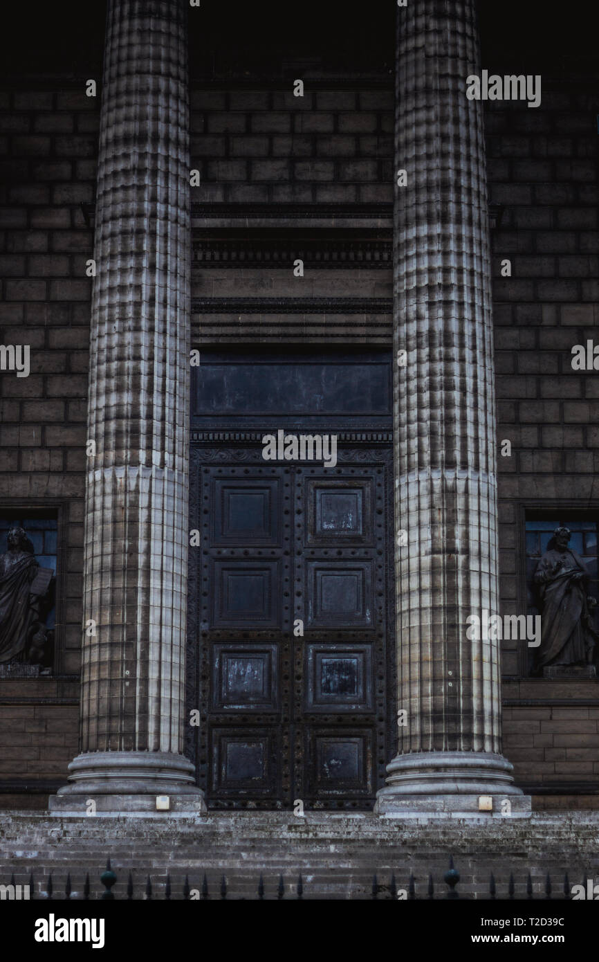 Classical antic columns at the front of the pantheon in Paris in evening Stock Photo