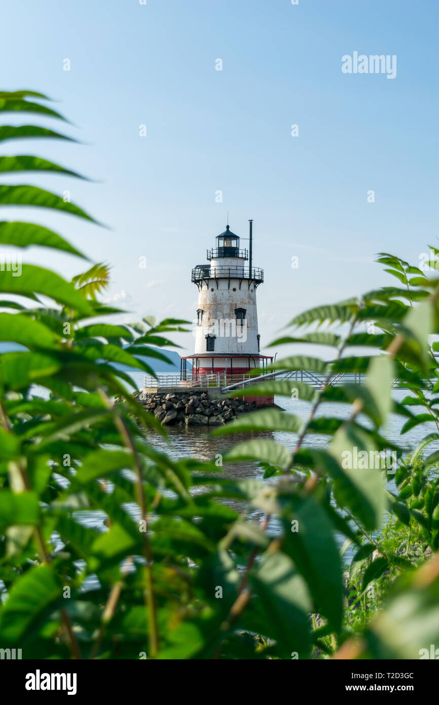 Sleepy Hollow Lighthouse with some leaves and bushes in the foreground on a beautiful sunny day