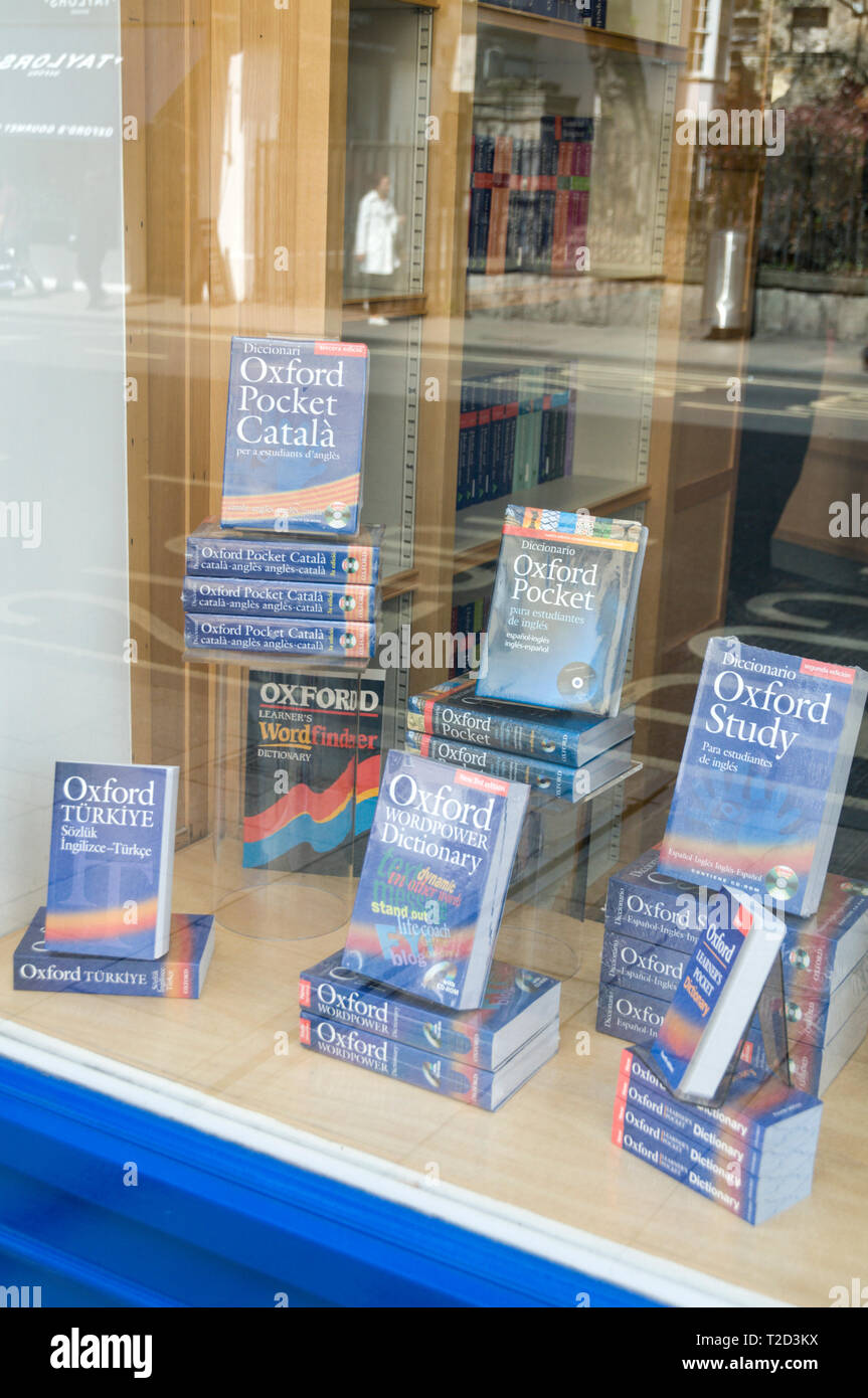 A window display of Oxford dictionaries on sale at the Oxford University Press shop in 'The High' (High Street ) Oxford, Britain Stock Photo