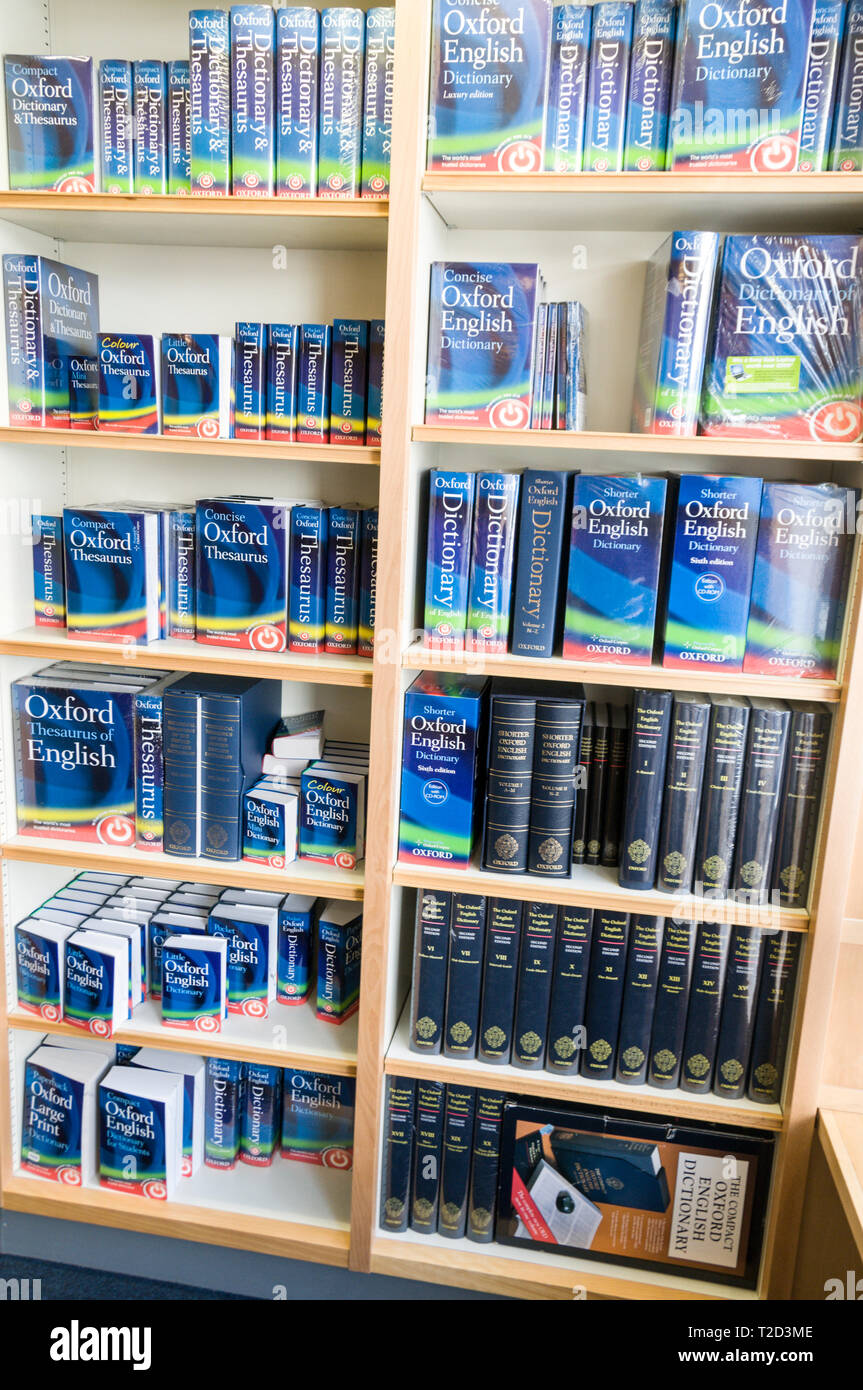 A display of Oxford dictionaries on sale at the Oxford University Press shop in 'The High' (High Street ) Oxford, Britain Stock Photo