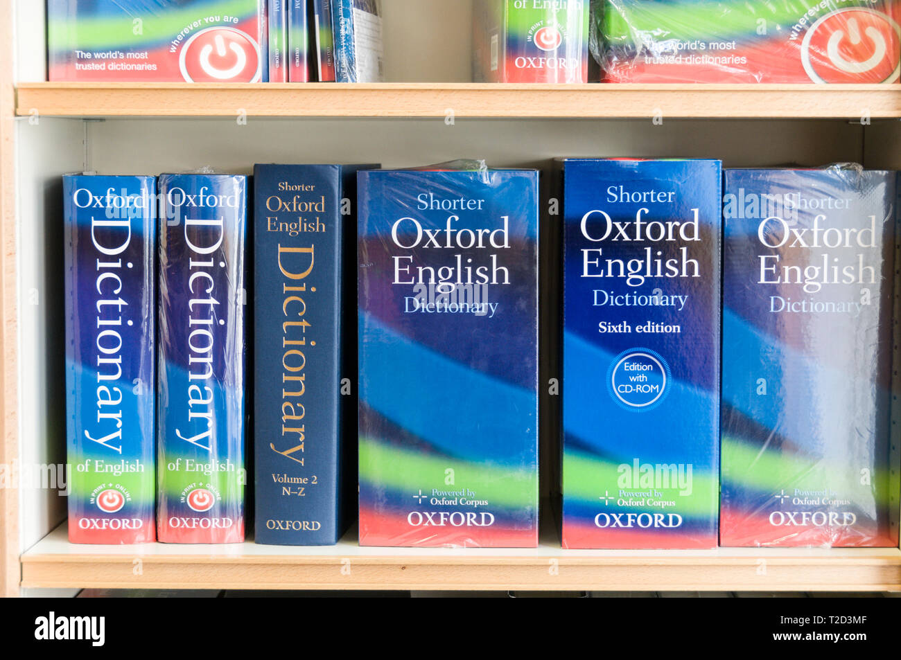 A display of Oxford English dictionaries (OED) on sale at the Oxford University Press shop in 'The High' (High Street ), Oxford, Britain Stock Photo