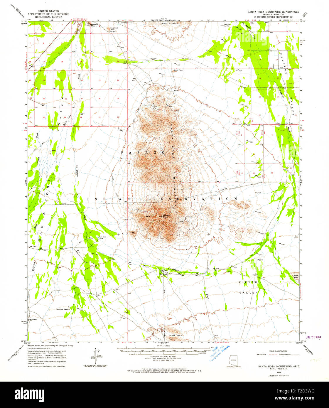 USGS TOPO Map Arizona AZ Santa Rosa Mountains 315016 1963 62500 Restoration Stock Photo