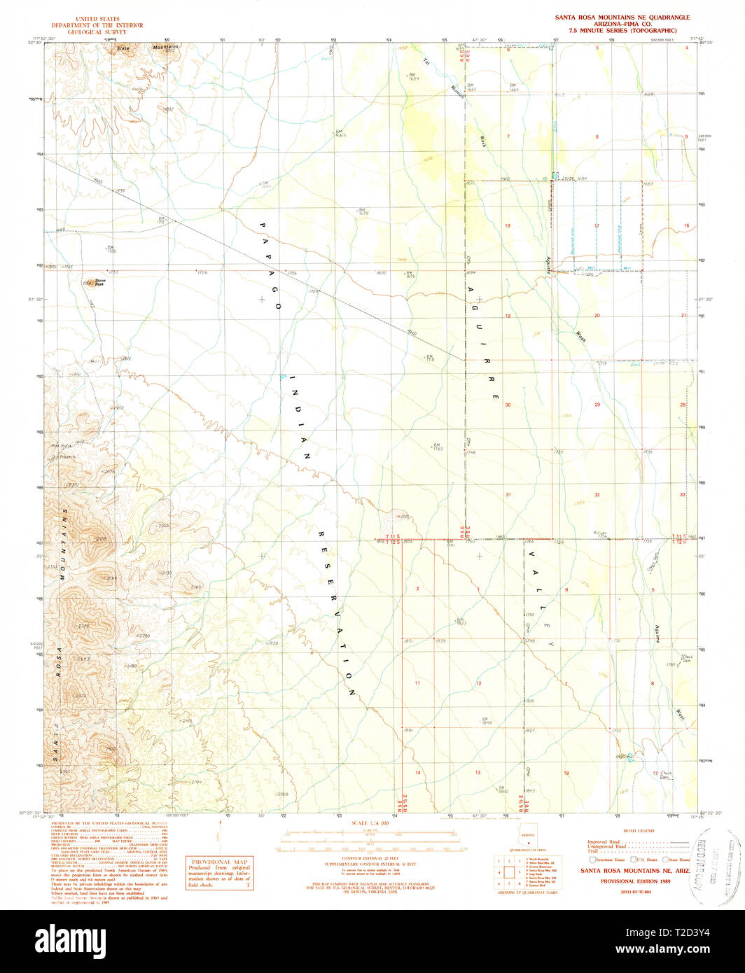 USGS TOPO Map Arizona AZ Santa Rosa Mountains NE 313271 1989 24000 Restoration Stock Photo
