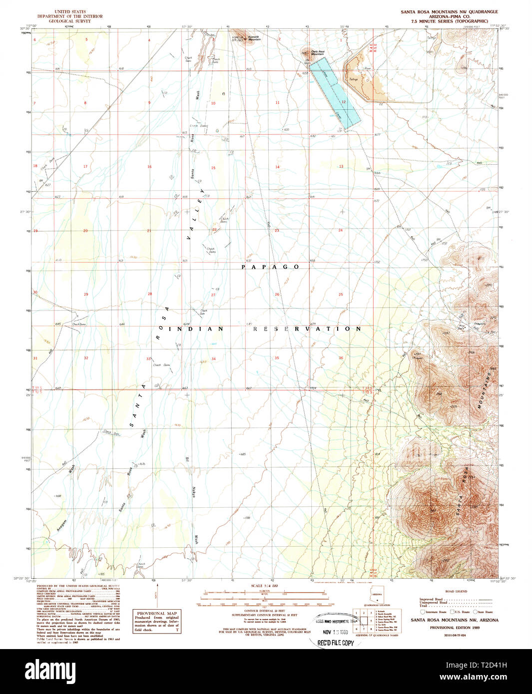 USGS TOPO Map Arizona AZ Santa Rosa Mountains NW 313273 1989 24000 Restoration Stock Photo