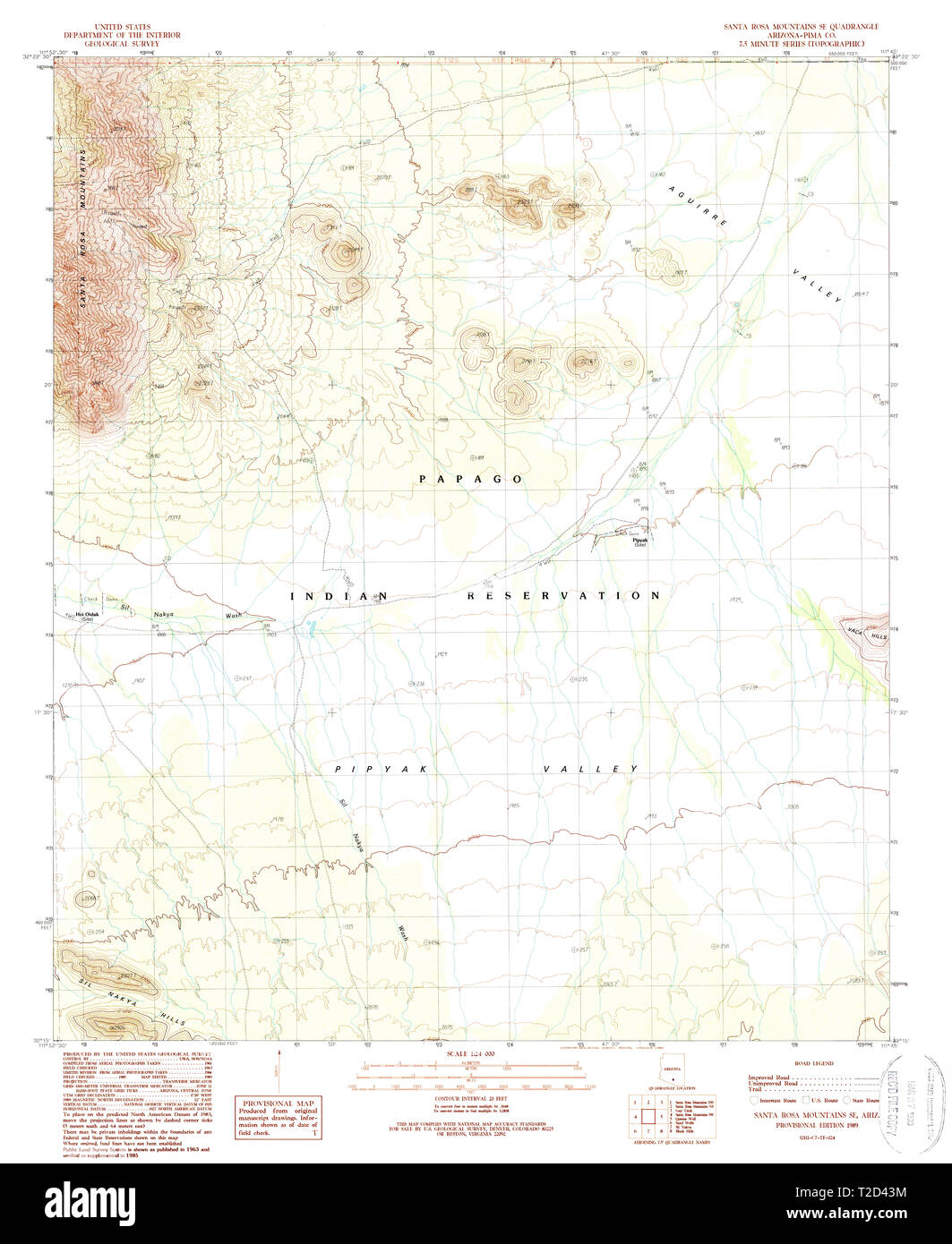 USGS TOPO Map Arizona AZ Santa Rosa Mountains SE 313275 1989 24000 Restoration Stock Photo