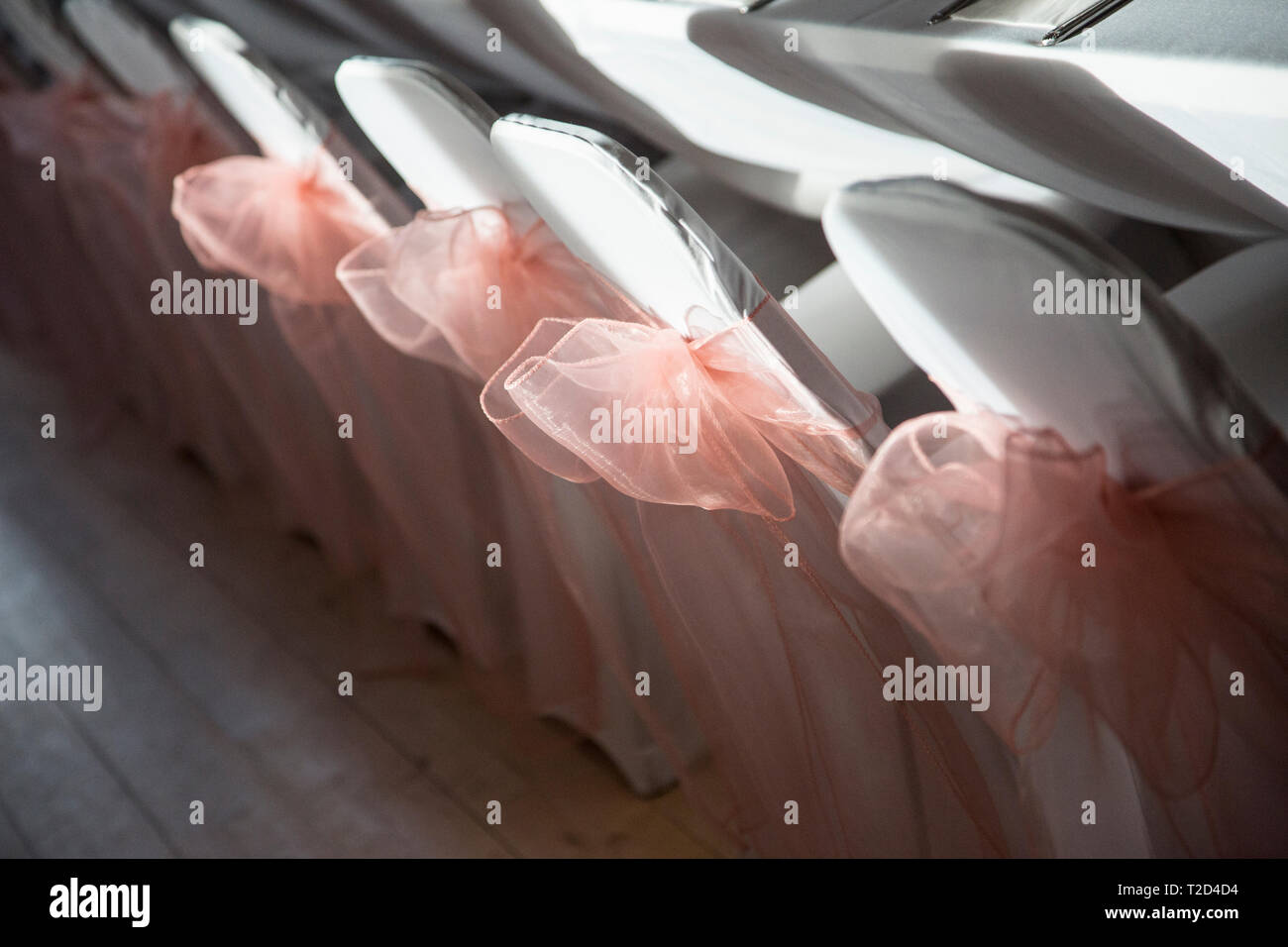 Wedding Day chair covers with baby pink ribbons around the chairs at a wedding reception on a bright sunny day Stock Photo