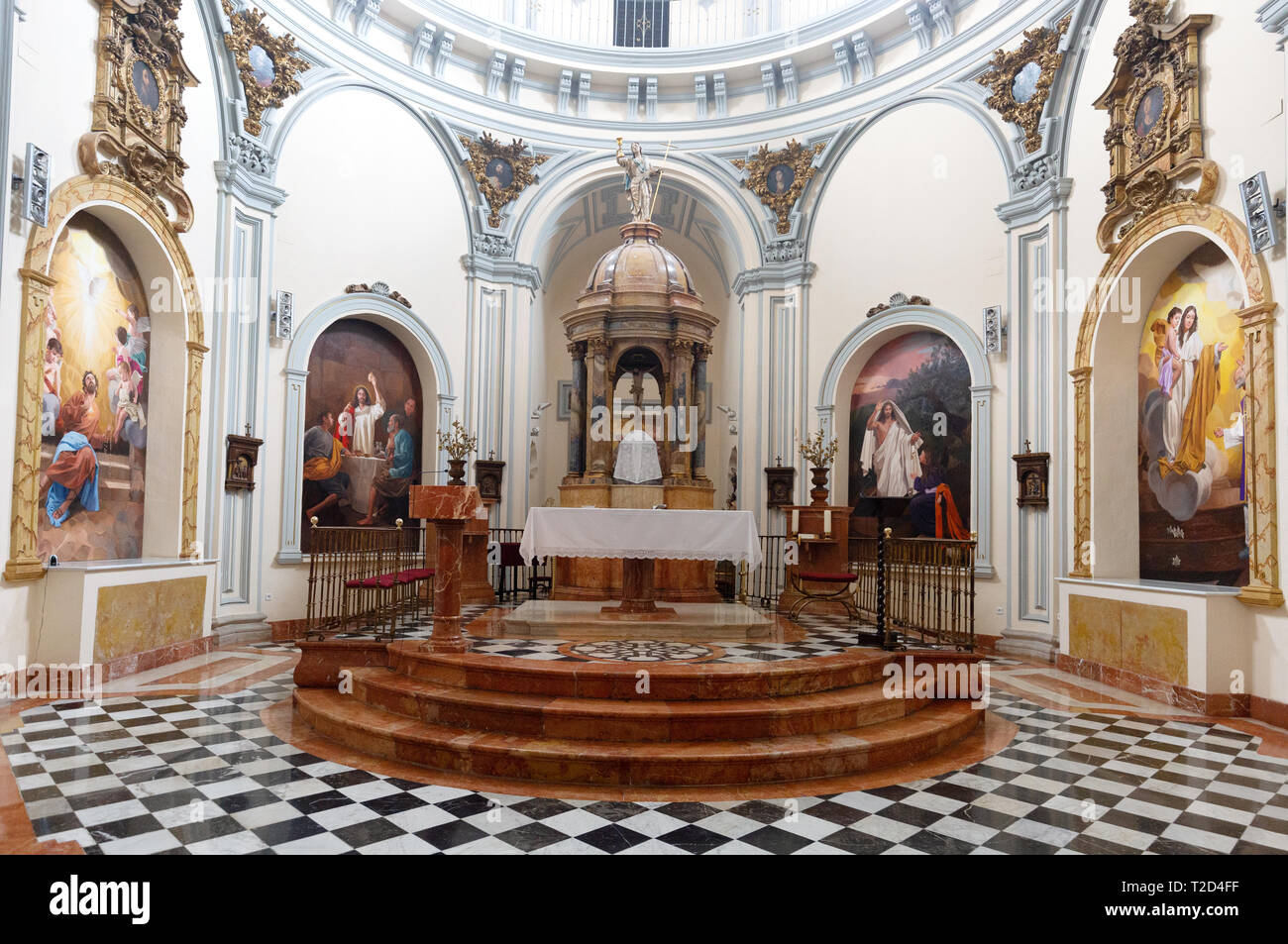 Malaga church - the ornate altar in the interior of Iglesia de San Felipe Neri (Church of San Felipe Neri), Malaga old town, Malaga Andalusia Spain Stock Photo