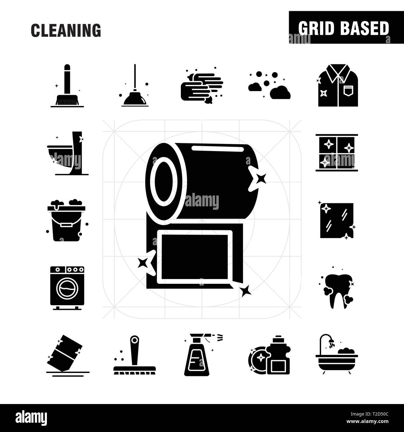 Cleaning Solid Glyph Icons Set For Infographics, Mobile UX/UI Kit And Print Design. Include: Brush, Brushing, Clean, Scrub, Plunger, Restroom, Toilet, Stock Vector