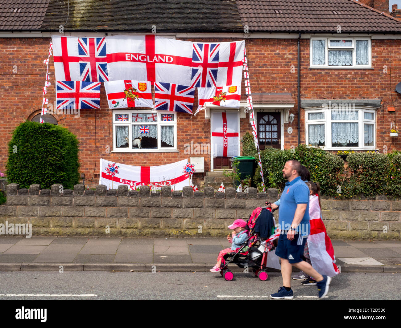 A house decorated with England and the union flag of Great Britain. Stock Photo