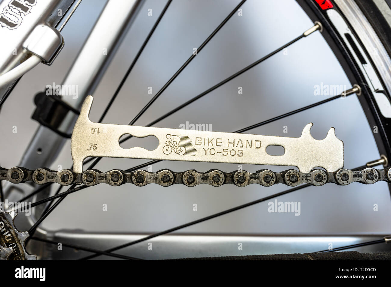 Bonn, Germany March 29, 2019. Bicycle tool for measuring the stretch