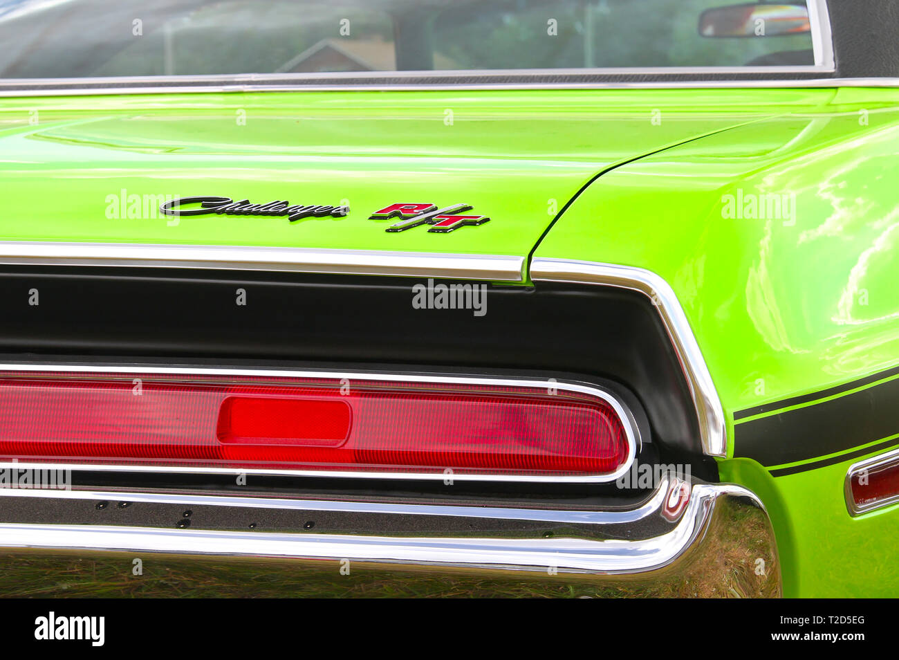 Red tail light of a green Dodge Challenger R/T at Pick-Nick 2018, Classic car show in Forssa, Finland. 05.08.2018 Forssa, Finland Stock Photo