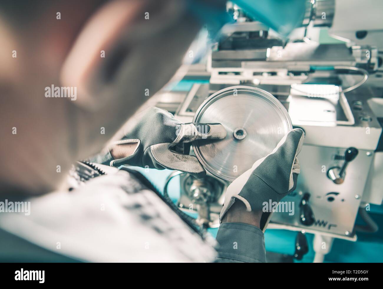 Modern Lathe Operator. Caucasian Metalworking Technician and His Job