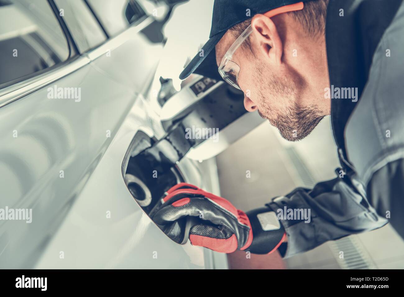 Car Fuel Fill Inlet Check by Caucasian Mechanic. Automotive Concept ...