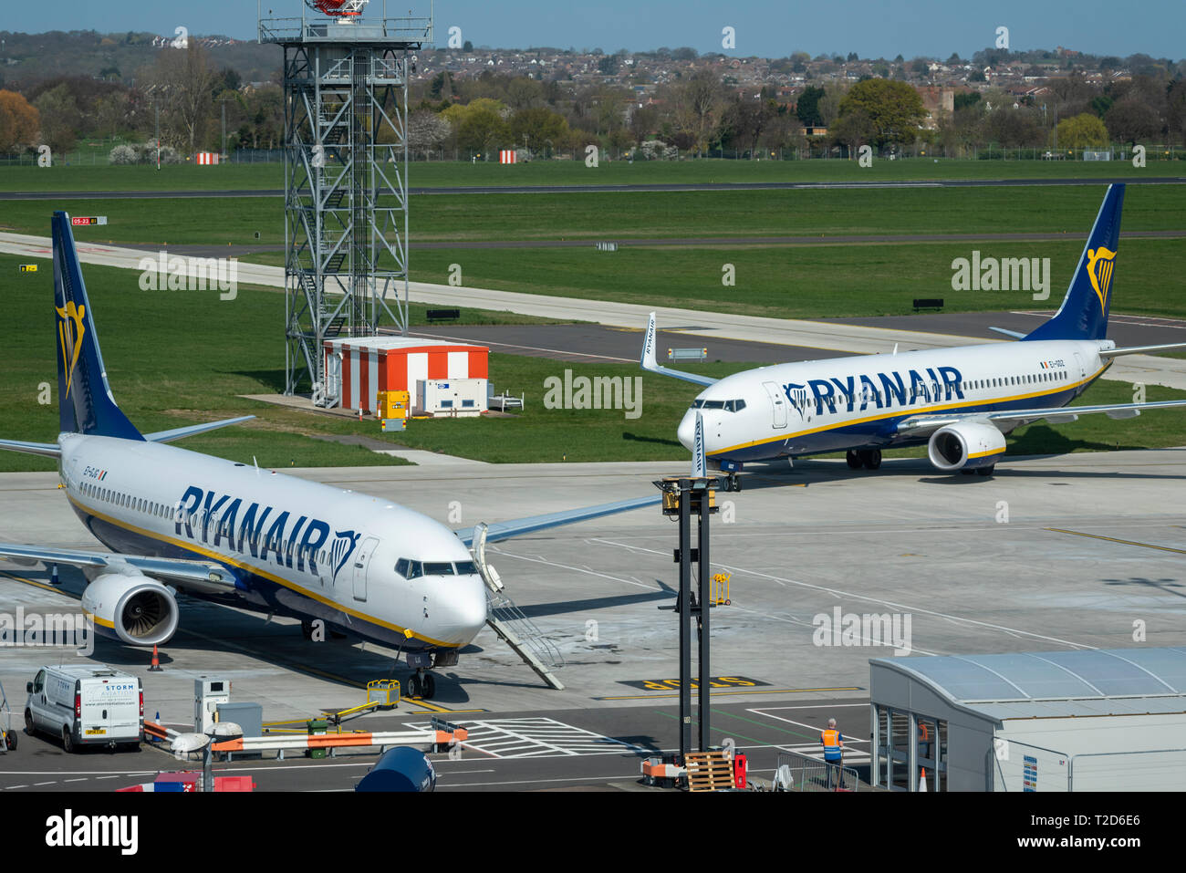 Ryanair jet airliner planes at London Southend Airport, Essex, UK. The first two Ryanair Boeing 737 aircraft positioning in to operate new routes Stock Photo