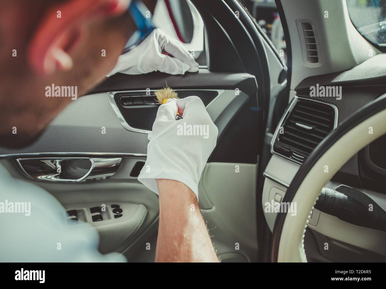Vehicle Interior Detailed Cleaning Service Caucasian Worker