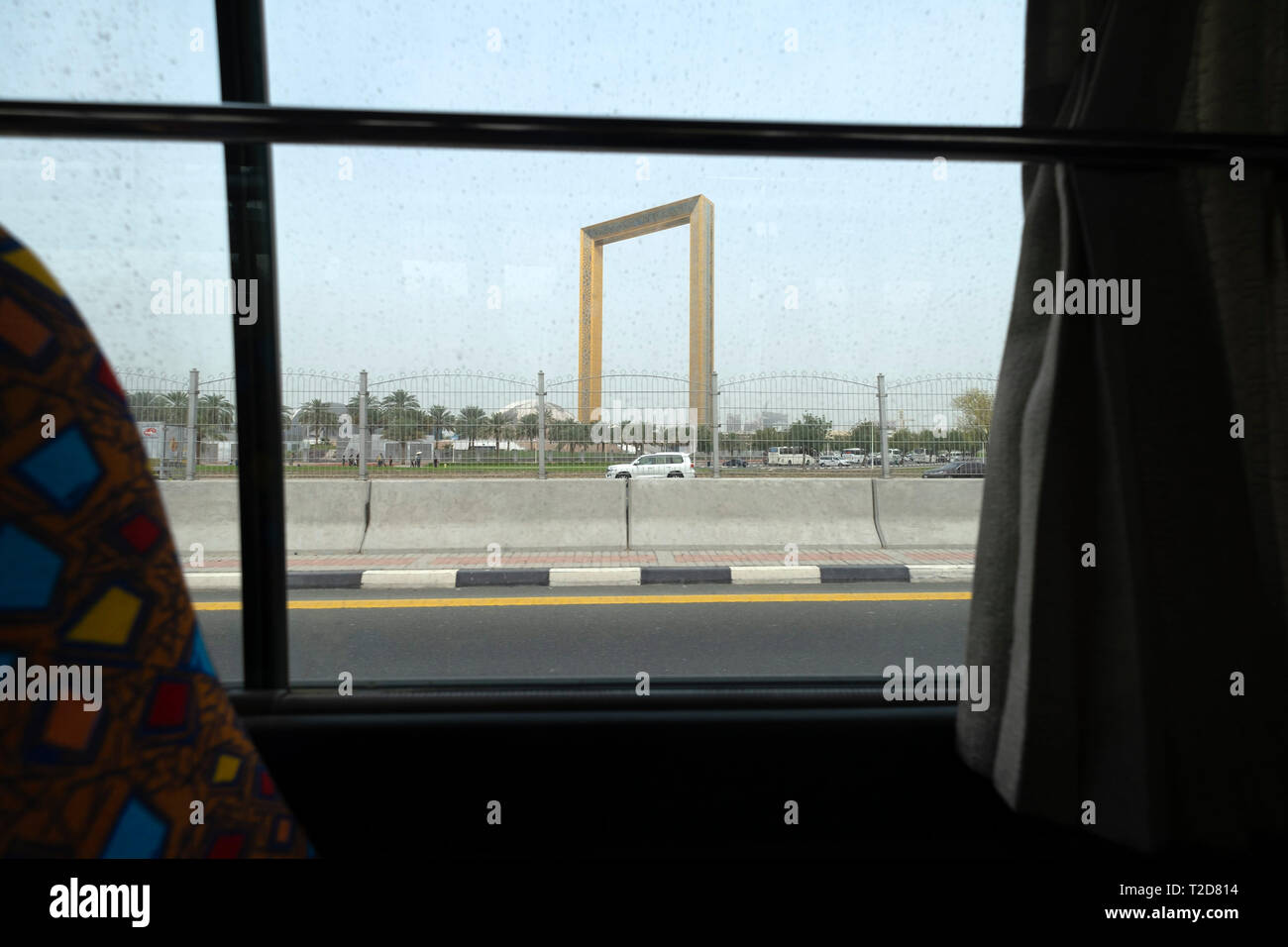 The Dubai Frame building seen from inside a bus, Dubai, United Arab Emirates Stock Photo