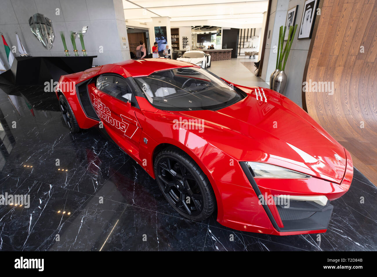 Red Lykan Hypersport supercar by W Motors that was used on Furious 7 film, Dubai, United Arab Emirates Stock Photo